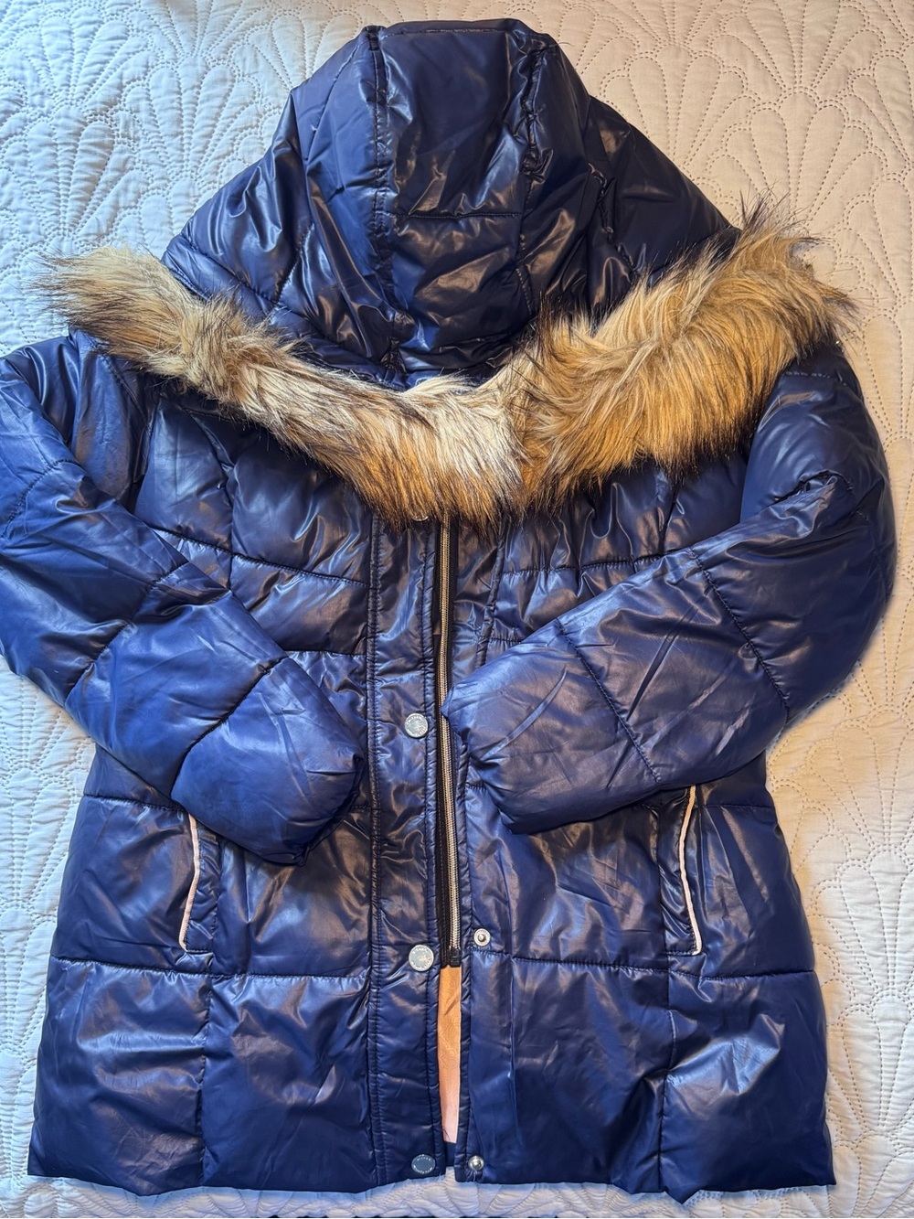 Michael Kors Navy Faux-Fur Trim Puffer Coat